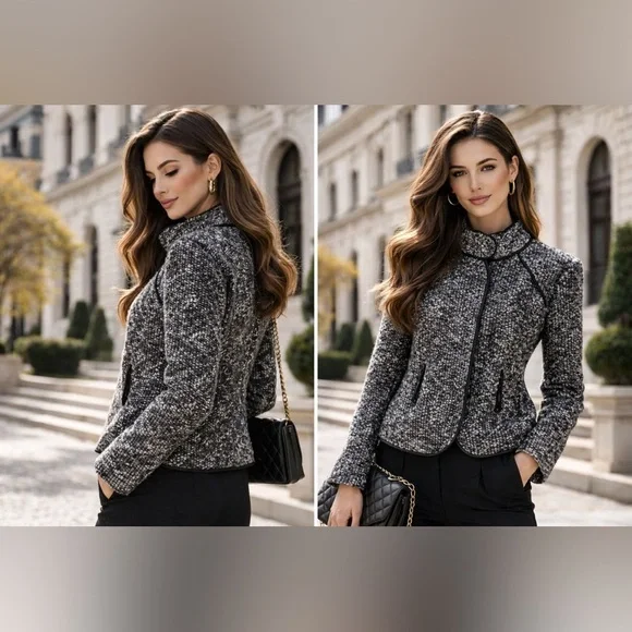 Sandro Paris Petite Bouclé Jacket Black White Trimmed Coat - Picture 9 of 9